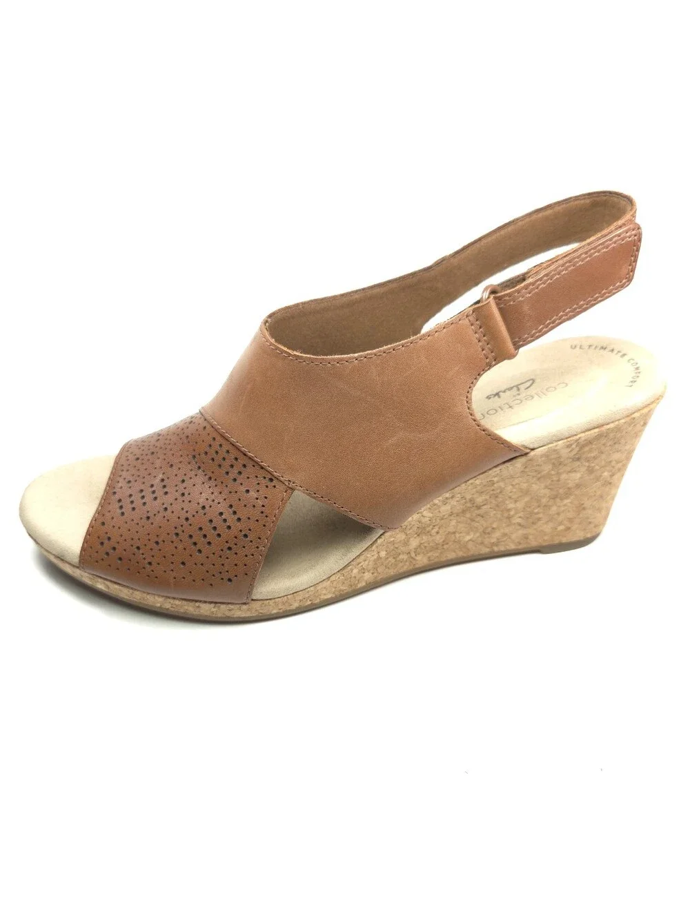 Clarks Lafley Joy Tan Leather Perforated Cork Wedge Slingback Sandals Sz 8.5